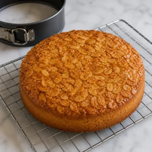Gebackener Kuchen kühlt mit goldbraunem Mandelbelag ab