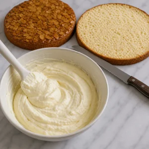 Vanillecreme wird neben geteilten Kuchenschichten untergehoben