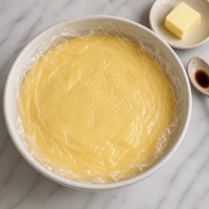 Vanillecreme ist zum Kühlen mit Folie abgedeckt