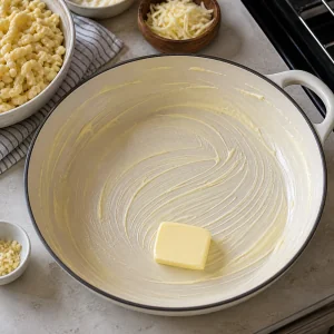 Buttered oven-safe dish ready for spaetzle