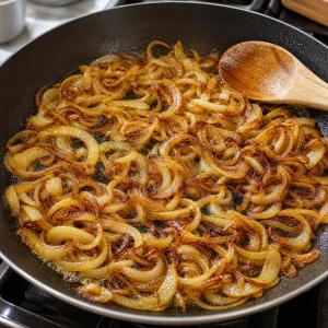 Sliced onions frying until golden in a skillet
