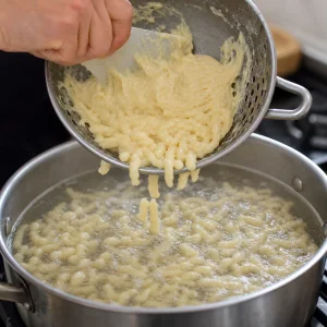 Spaetzle batter pressed through holes into simmering water