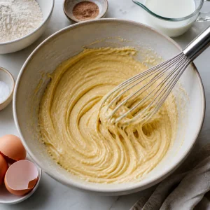 Thick spaetzle batter being mixed in a bowl