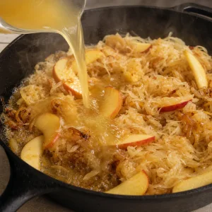 Caldo vertido no chucrute com macas a fervilhar na frigideira