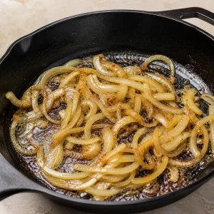 Cebola fatiada a caramelizar na manteiga numa frigideira de ferro
