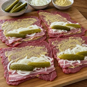 Beef slices topped with mustard, bacon, onions, and pickles