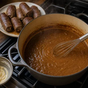 Brown gravy thickening in the pot