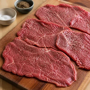 Seasoned raw beef slices on a cutting board