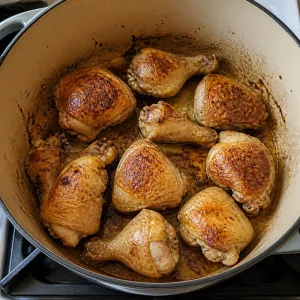 Chicken pieces browning in a heavy pot