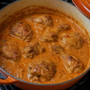 Chicken simmering in creamy peanut tomato sauce