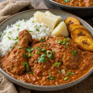 Finished groundnut chicken stew served with rice, yam, and plantains