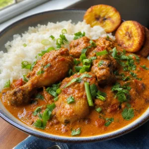 Ghanaian groundnut chicken stew served with rice and plantains