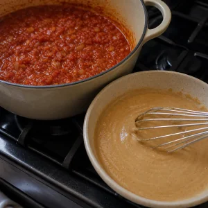 Peanut butter whisked with stock beside the tomato base