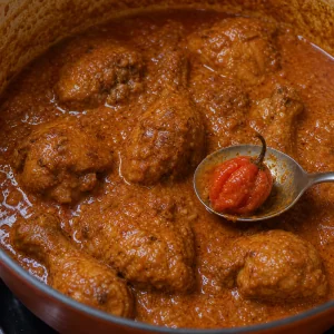 Scotch bonnet chile lifted from thickened chicken stew