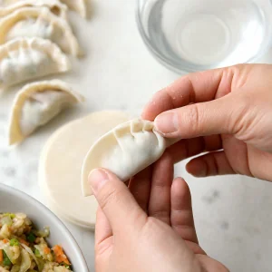 Dumpling wrapper folded and pinched into pleats to seal the vegetable filling