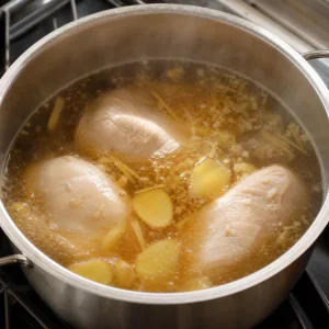 Chicken breasts simmering in ginger broth with soy sauce
