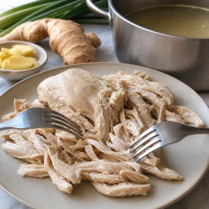 Cooked chicken shredded into bite-sized pieces with forks