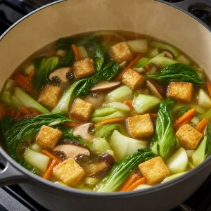 Bok choy e tofu dourado cozinhando em caldo claro