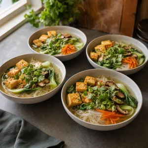 Quatro tigelas de sopa de macarrão de vidro com tofu