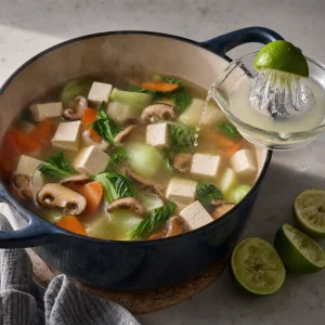 Sumo de lima fresco adicionado ao caldo com tofu e legumes