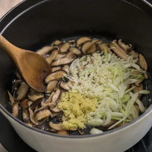 Gengibre, alho e cebolinha cozinhando com shiitakes