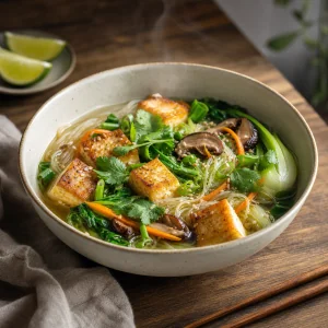 Glasnudelsuppe mit goldbraunem Tofu und Pak Choi