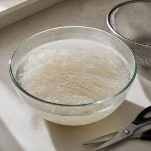 Macarrão de vidro de molho ao lado de um coador