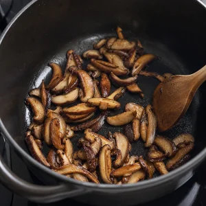Shiitakes fatiados e dourados na panela