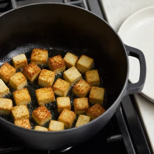 Cubos de tofu fritando até ficarem dourados e crocantes