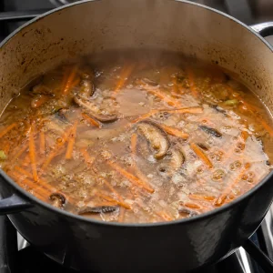 Caldo de legumes fervendo suavemente com shiitake e cenoura