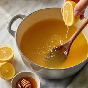 Fresh lemon juice stirred into strained ginger turmeric broth with honey nearby