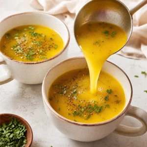 Ginger turmeric broth ladled into bowls and garnished with parsley and black pepper
