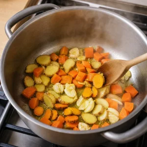 Ginger, turmeric, garlic, and carrots sauteing in olive oil for anti-inflammatory broth