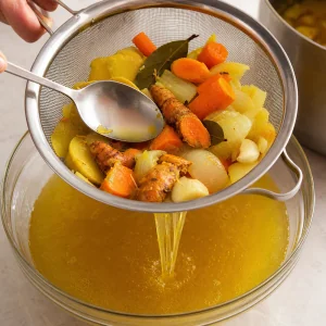 Golden broth strained through a fine-mesh sieve while the cooked vegetables are pressed