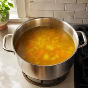 Hot ginger turmeric broth resting off the heat in a large pot before straining