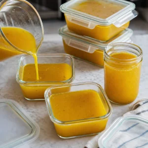 Leftover golden ginger turmeric broth poured into airtight glass containers for storage