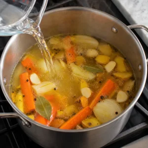 Water poured into the pot with vegetables, bay leaves, pepper, salt, and vinegar