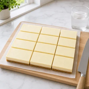 Plaque refroidie au fromage frais coupee en rectangles