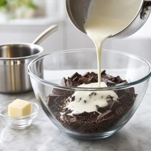 Creme chaude versee sur du chocolat noir hache