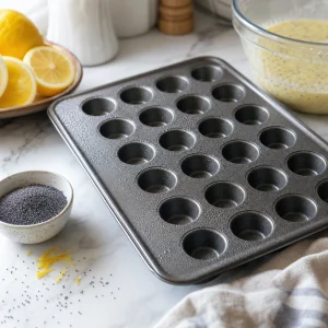 Empty mini muffin tin greased and ready for lemon poppy seed batter.