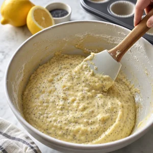Lemon poppy seed muffin batter gently folded until just combined.