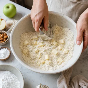 Mistura de farinhas sem glúten com manteiga fria para a massa da tarte de maçã