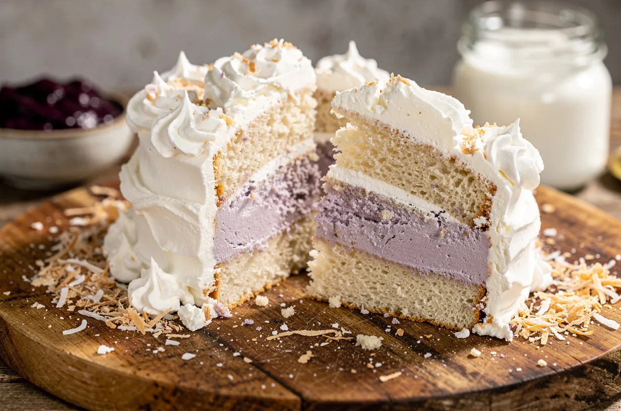 Gluten-Free Cassava Ube Layer Cake with Coconut Cream