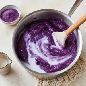 Fioletowa ube halaya rozrzedzona mlekiem do gładkiej, łatwej do smarowania masy.