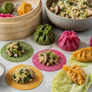Disques de dim sum colores garnis de tofu et champignons puis plisses
