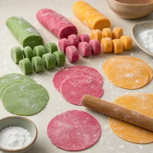 Disques de dim sum verts, roses et dores etales a partir de morceaux de pate