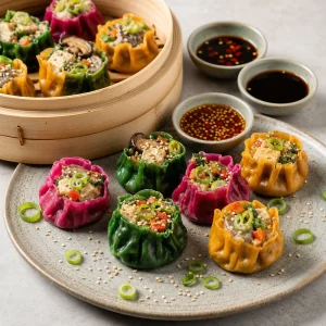 Assiette finale de dim sum vegetaux colores avec sesame, oignon nouveau et sauces