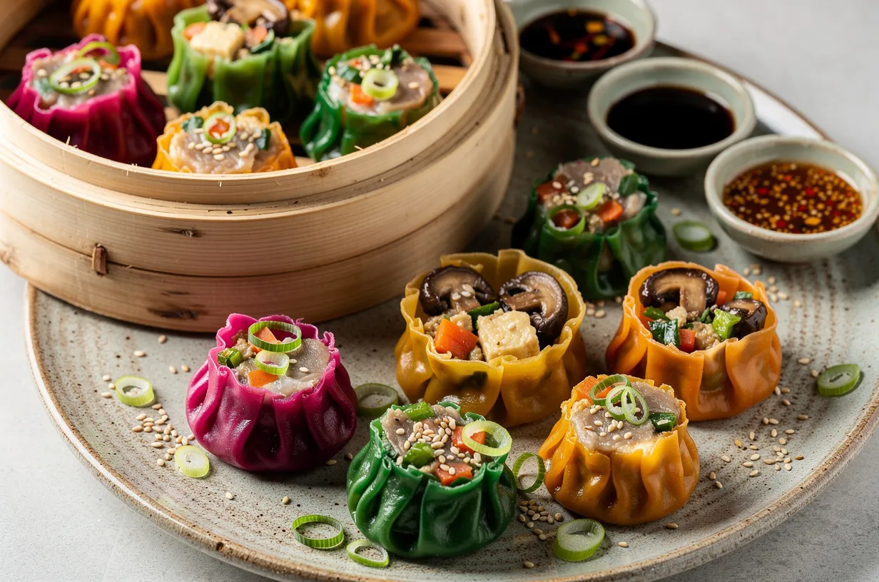 Gluten-Free Colorful Vegetable Dim Sum Platter with Sauces