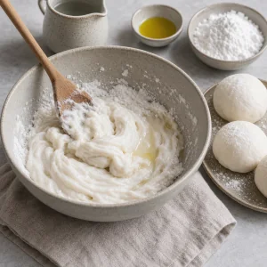 Pate a dim sum sans gluten melangee avec huile et fecule dans un bol en ceramique