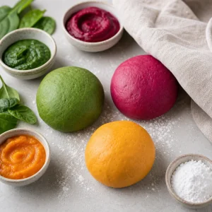 Portions de pate verte, rose et doree colorees avec des purees de legumes
